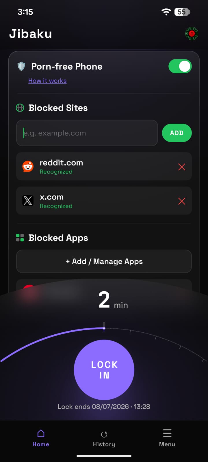 Jibaku app home screen: Porn-free Phone toggle, blocked sites, and a Lock In timer